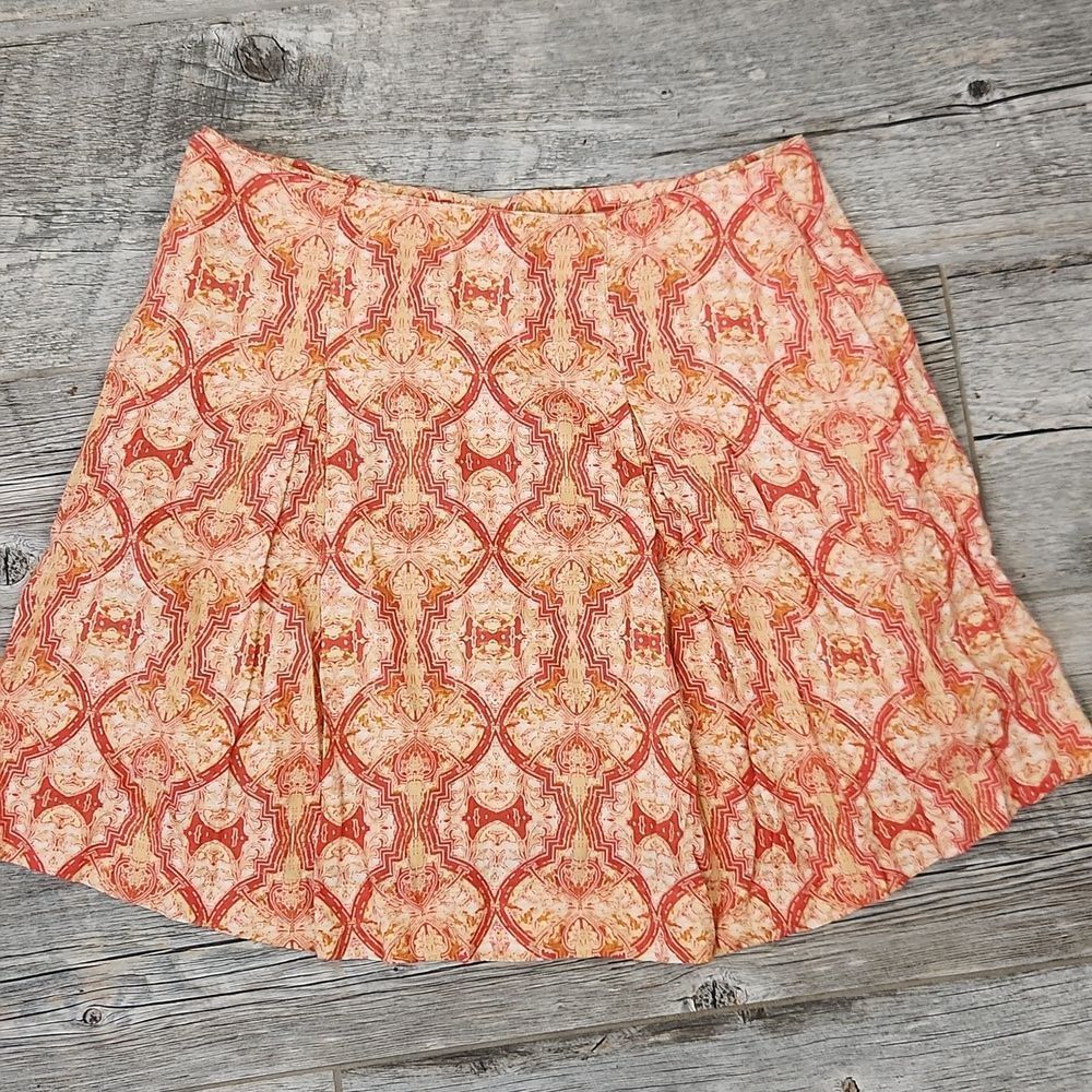 Free People Lovers Lane Orange Print Pleated Mini Skirt Buttons - Picture 5 of 6